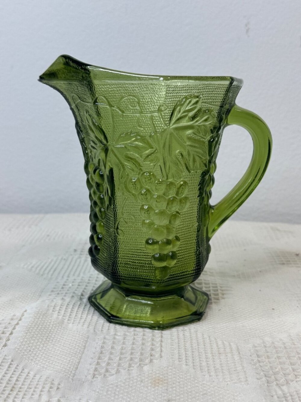 Green Glass Pitcher Embossed Grape Pattern Octagonal Base Vintage Anchor Hocking